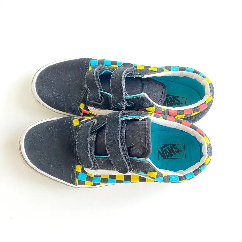 Vans Old Skool V Neon Glow Check Black/Multi Unisex Junior‎ 6 Hook Loop Shoes